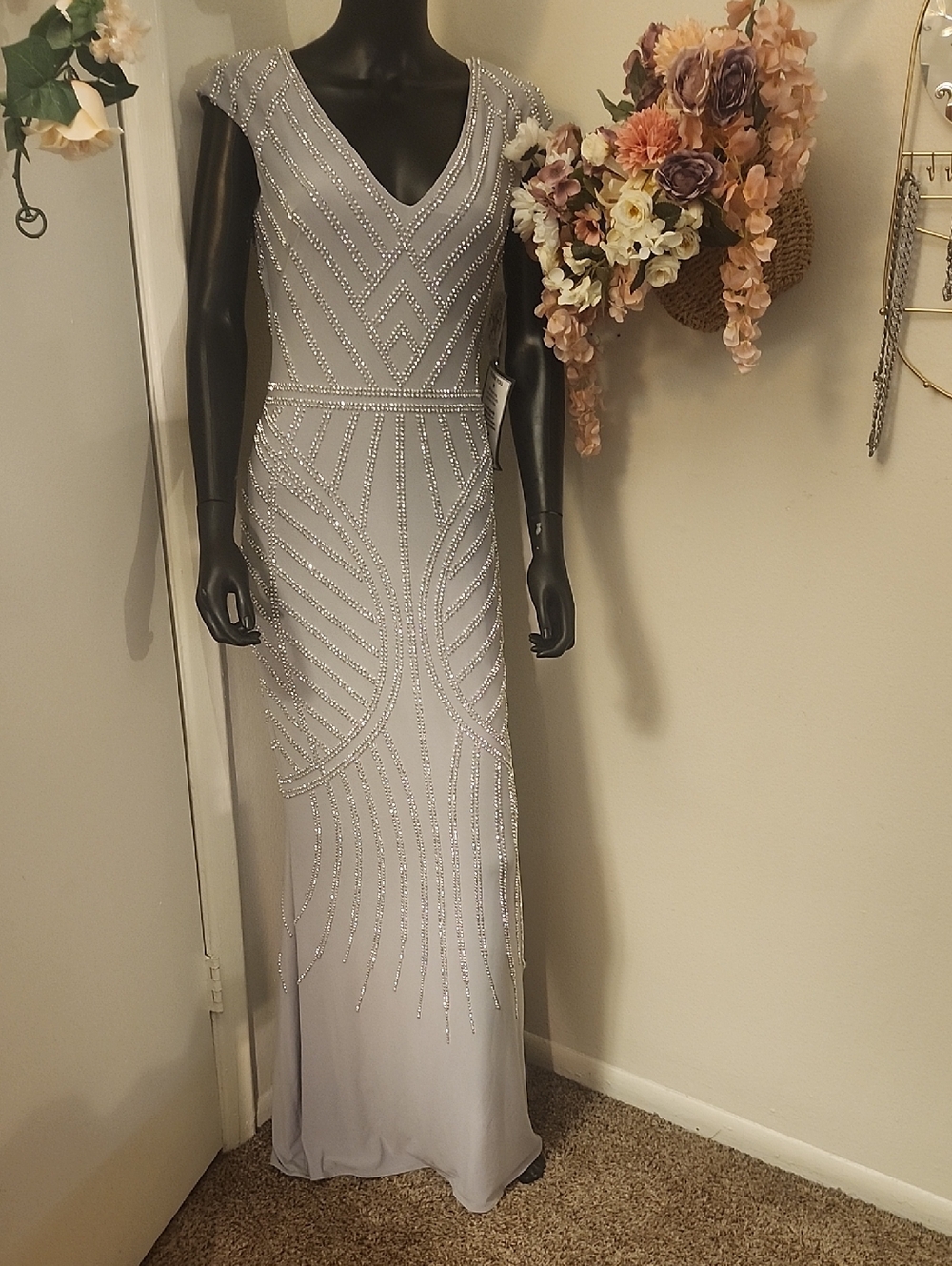 Xscape Silver Beaded V-Neck Maxi Dress